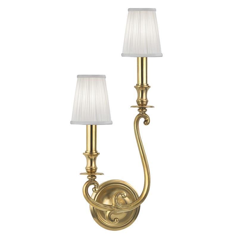 Shown in Aged Brass finish and White Pleated Silk shade